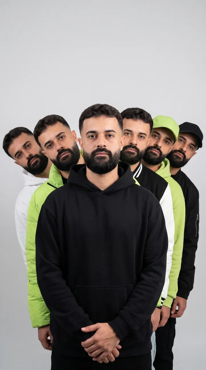 O Israel Meira em estúdio claro, à frente de seis clones dele de moletom preto, branco e lime