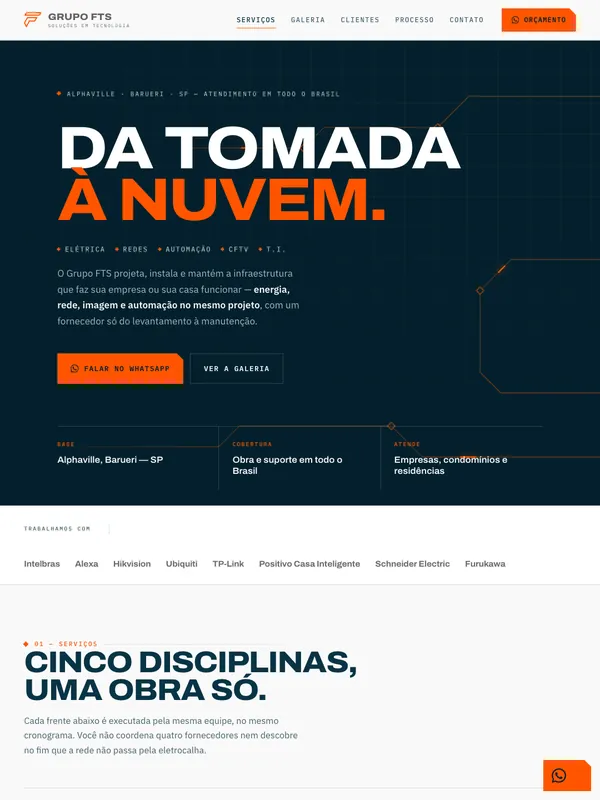 Captura do site do Grupo FTS: “Da tomada à nuvem.”, empresa de elétrica, redes e automação