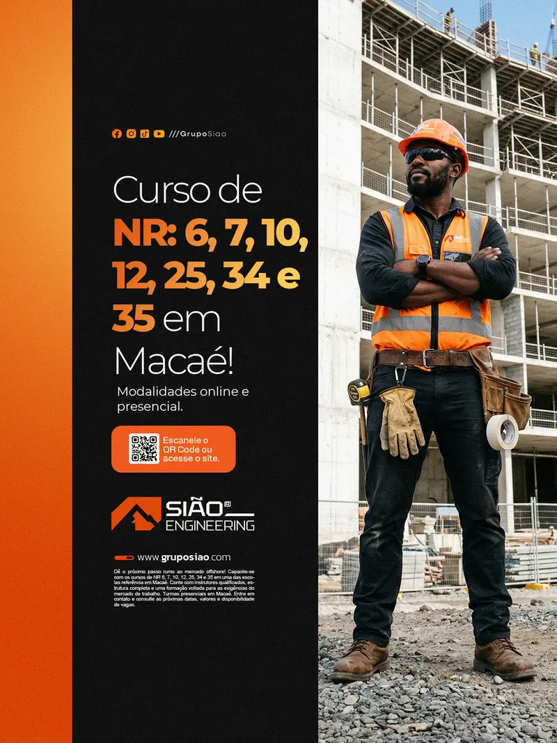Post do Grupo Sião feito na mão: Curso de NR em Macaé, painel à esquerda e um trabalhador na obra à direita