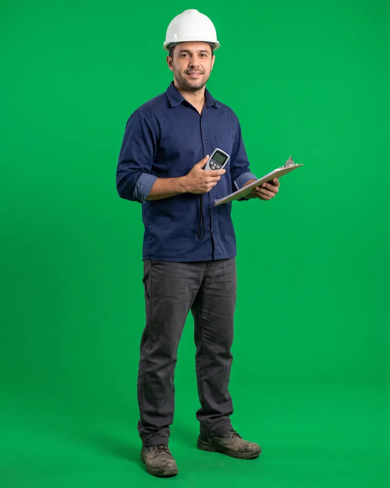 Foto bruta: um inspetor de camisa azul e capacete branco, com um medidor e uma prancheta, em fundo verde