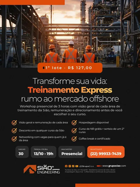 Treinamento Express, versão 1: painel preto com a lista de benefícios e a turma de 30 vagas