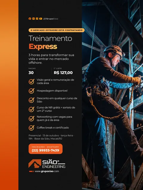 Treinamento Express, versão 2: painel à esquerda e um trabalhador de capacete à direita