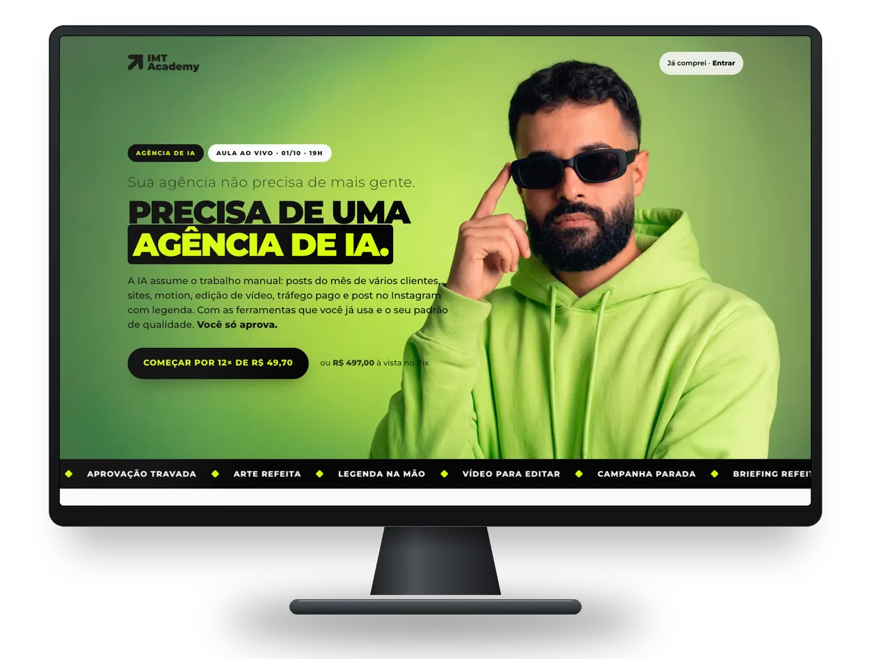 IMT Academy: Página de vendas de uma aula, num monitor