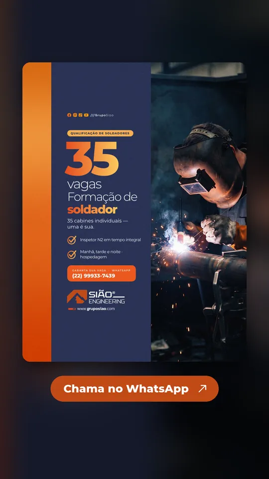 Grupo Sião: Anúncio de vagas para o curso de soldador, formato do story